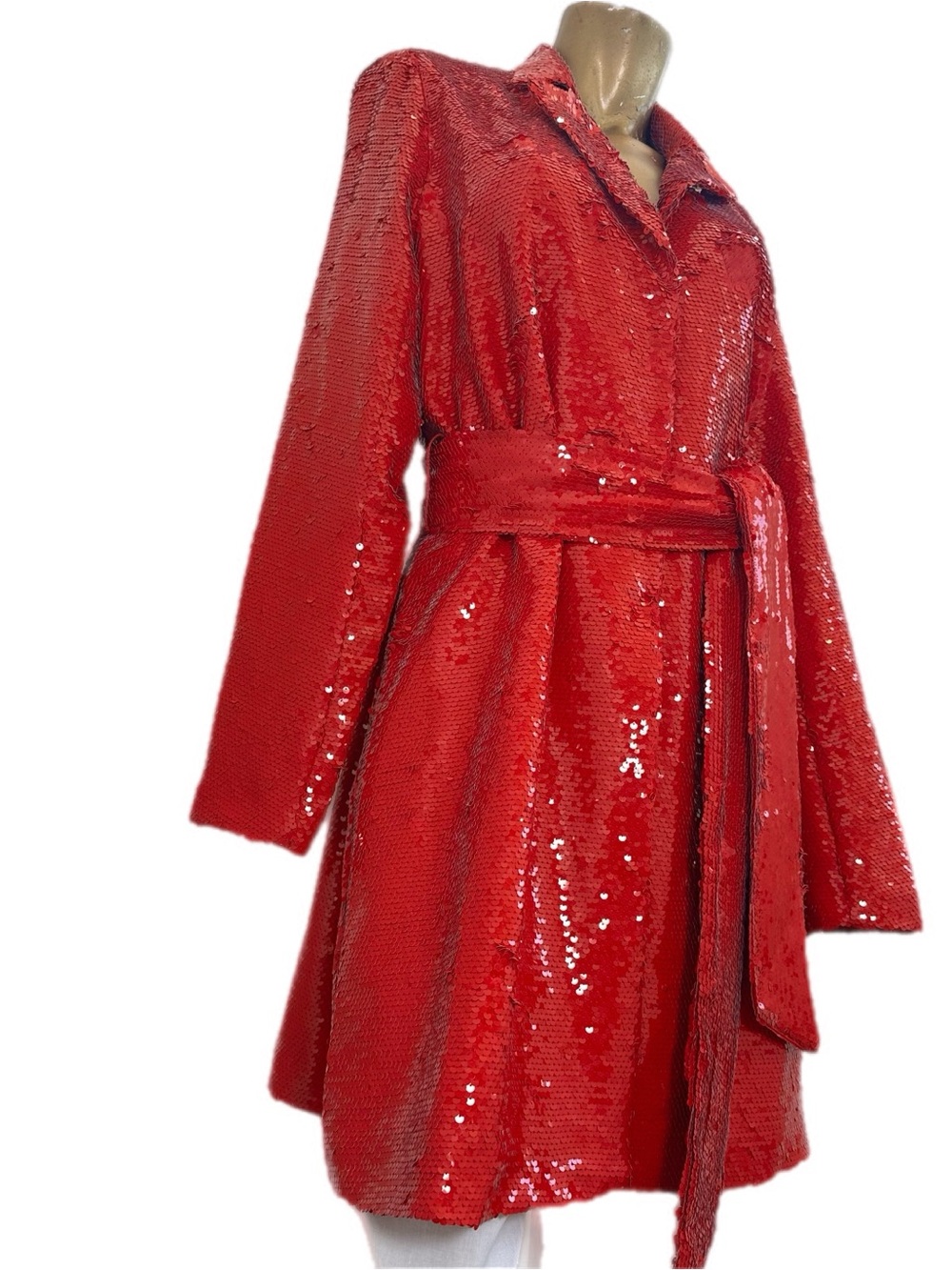 VENUS Red Sequin Belted Duster Midi length Jacket Size 14 , snap button front - Picture 3 of 12
